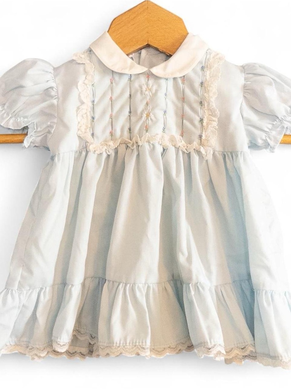 Vintage Polly Flinders Blue Smocked Baby Dress 3-9 Mos Lace Puff Sleeve